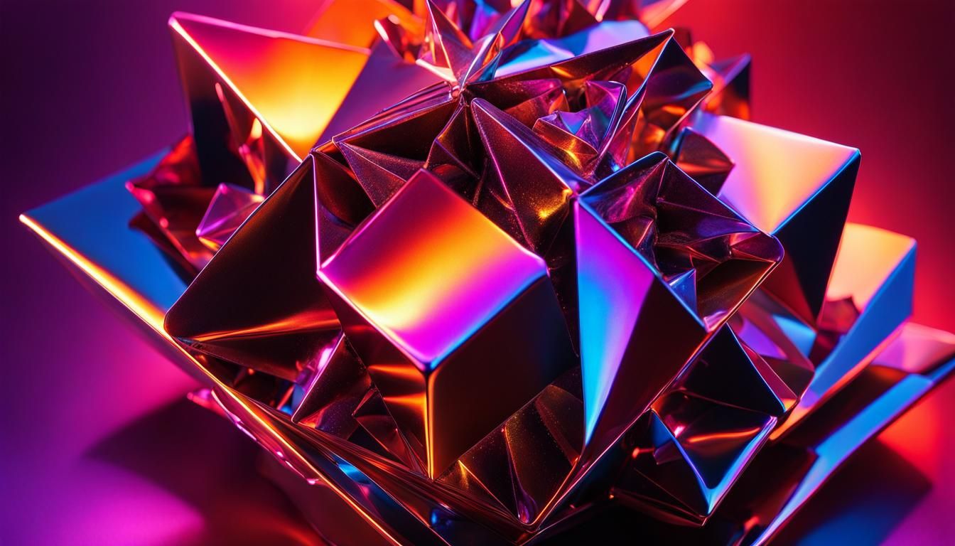 Iridescent Fractal Creature Consumes Geometric Cube