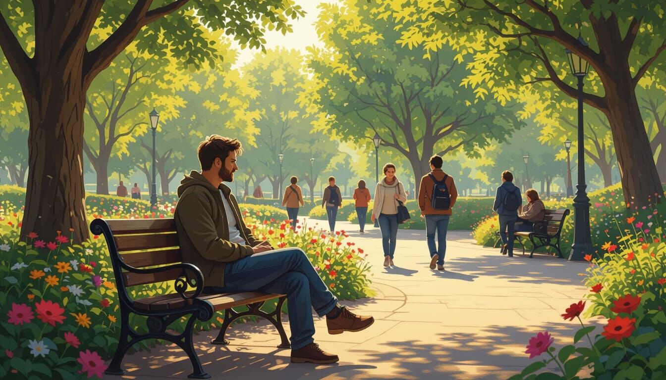 Man Relaxing on Park Bench: Realistic Digital Painting
