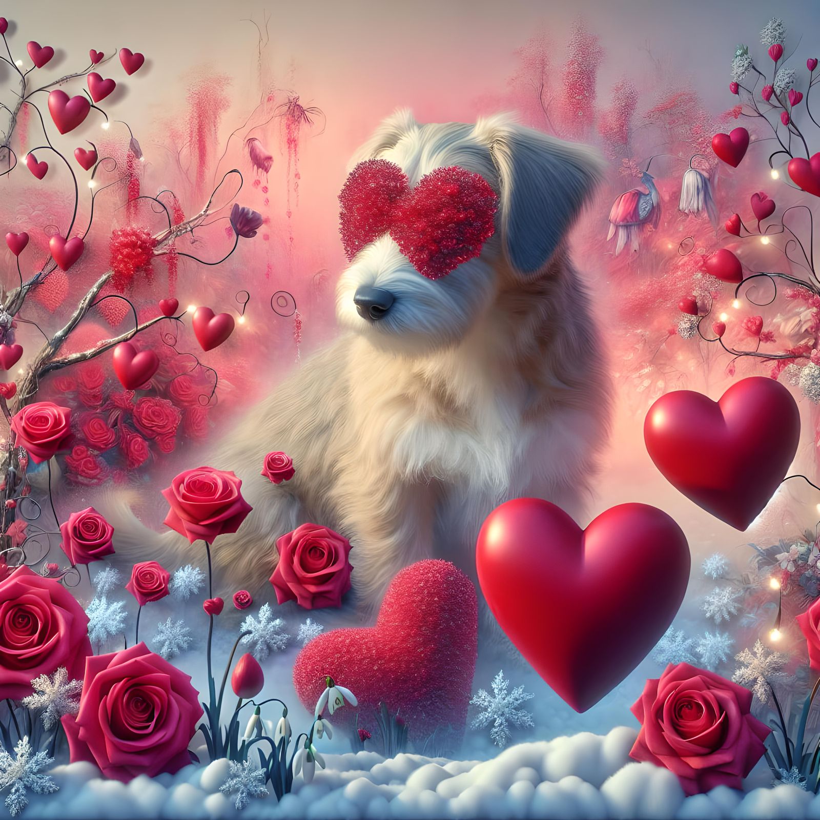 Adorable Dog Surrounded by Romantic Symbols