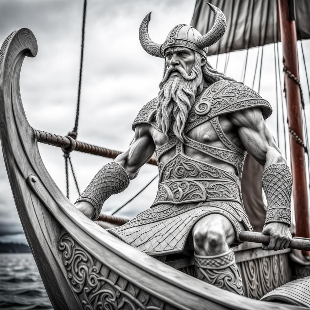 Hyperrealistic Viking Warrior Sculpture on Longboat