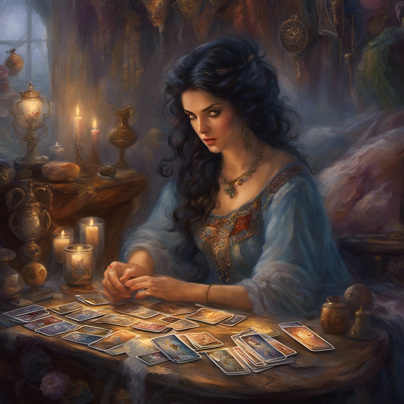 Dark-Haired Woman Reads Tarot Cards in Ethereal Style