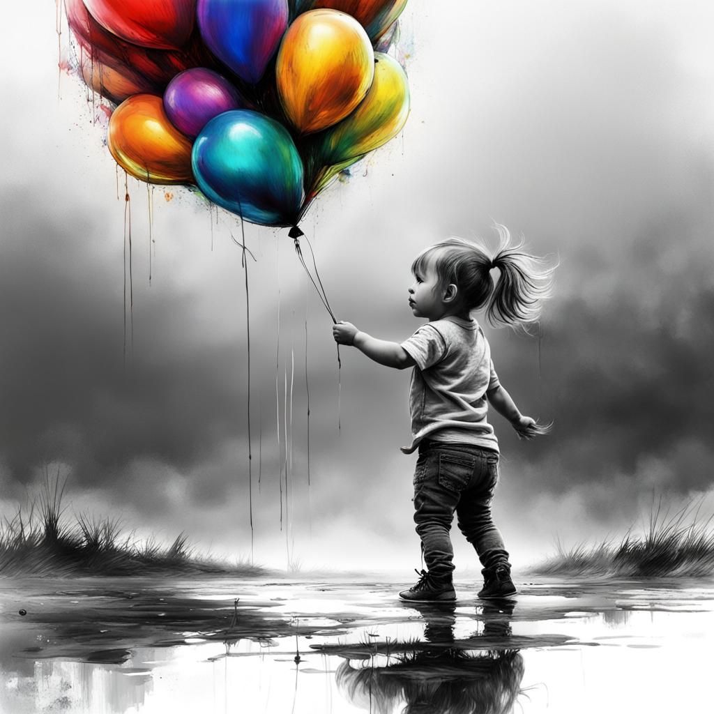 Toddler with Rainbow Balloon: Charcoal Drawing