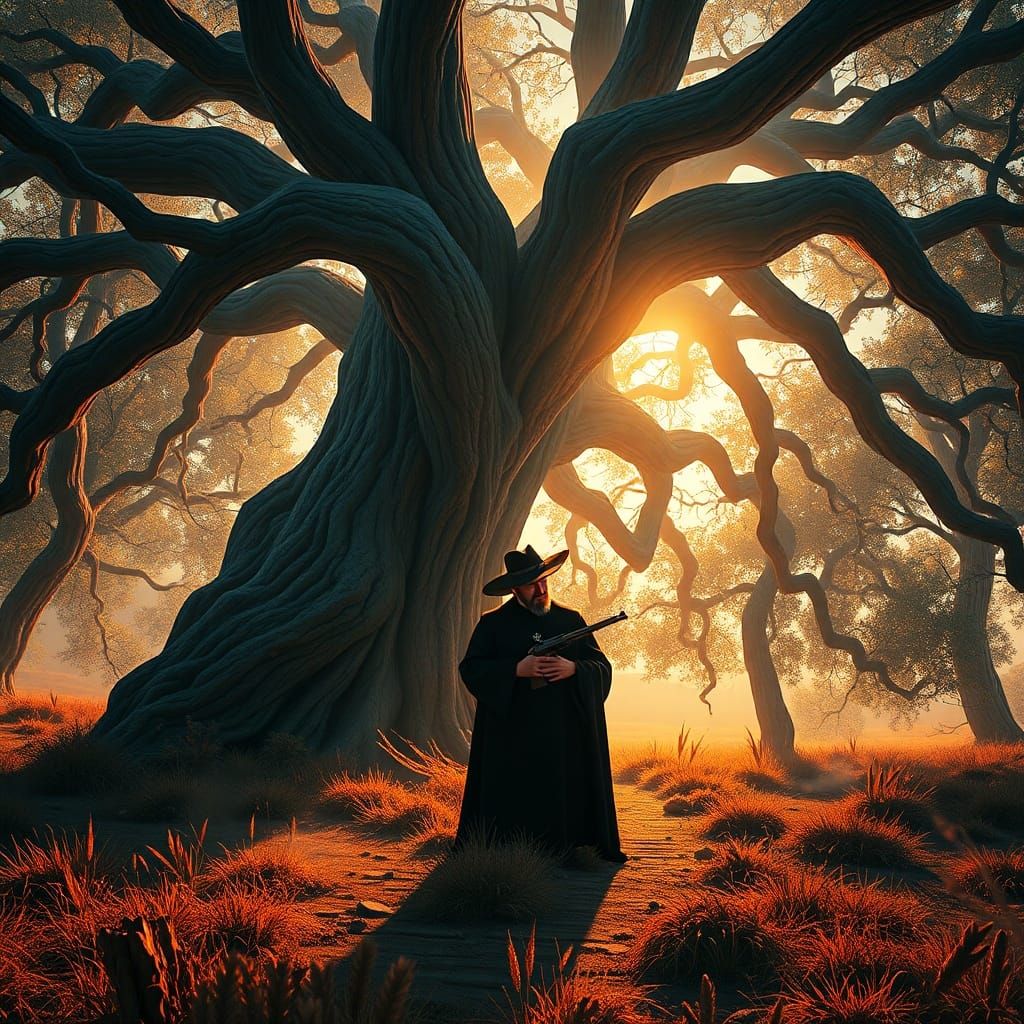 Preacher Kneels Under Ancient Oak with Colt Revolver