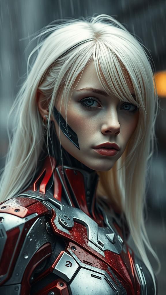 Ethereal Cyborg Woman in Dystopian Rain, Photographic Close-...