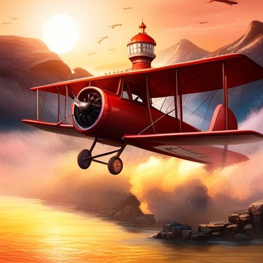Adventurous Dog Biplane Flight Over Fiery Lake