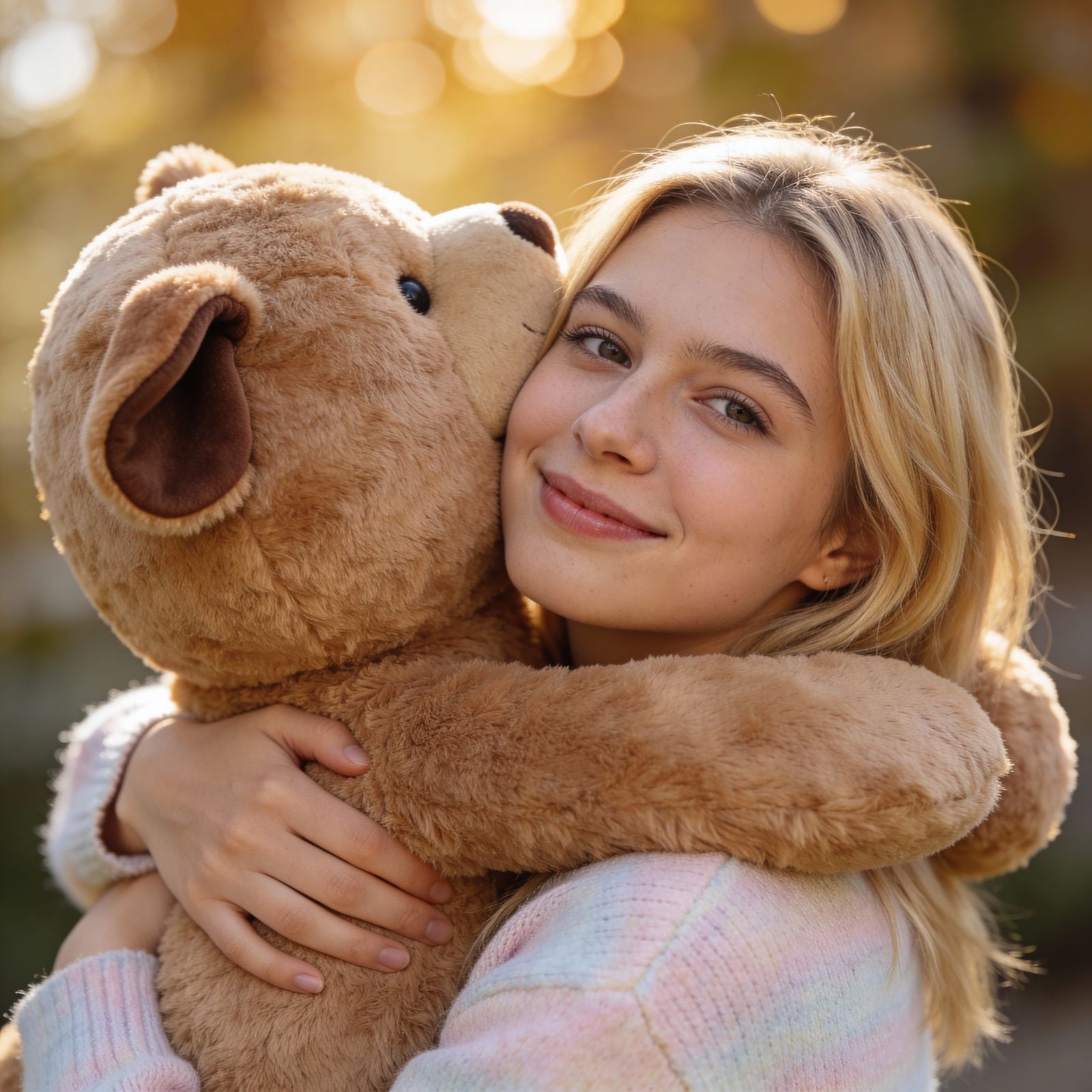 Blonde Girl Hugged by Giant Soft Teddy Bear, Professional Ph...