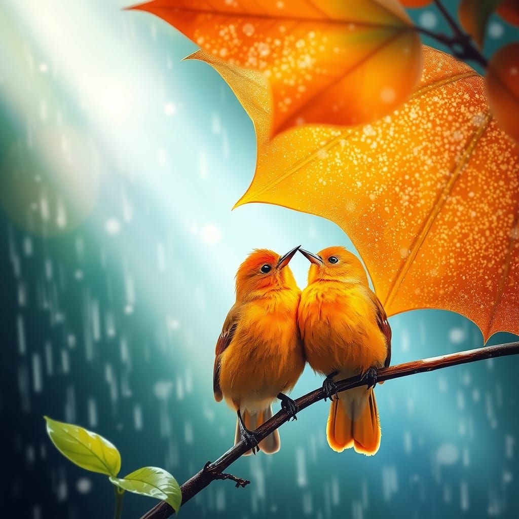 Two Birds Under a Sparkling Leaf Umbrella in the Rain