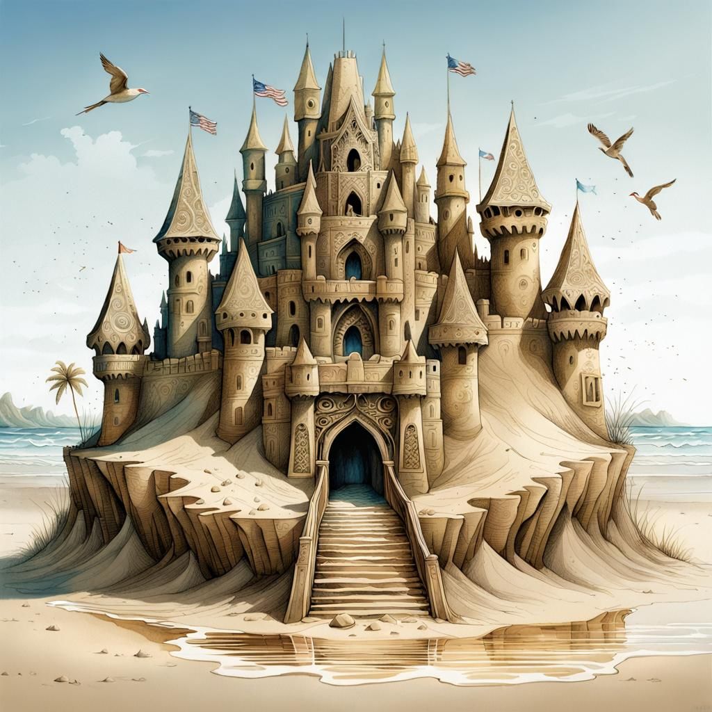 Ornate Sandcastle on Tropical Beach, Photorealistic Image