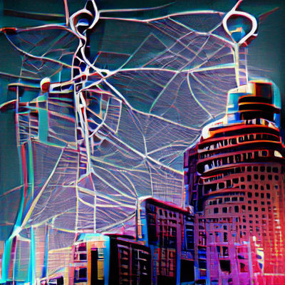 Cyberpunk City Interconnected by Glowing Cables