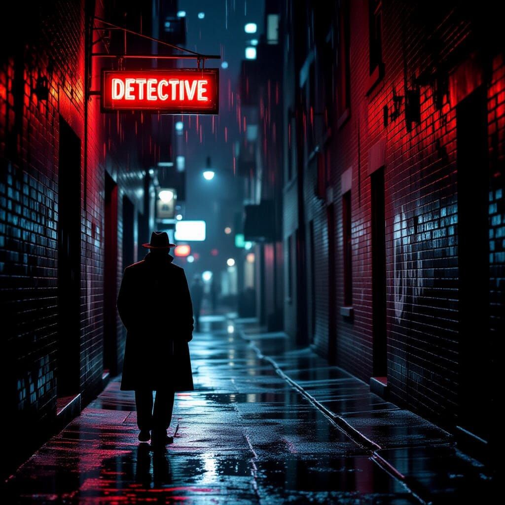 Film Noir Detective in Rainy Alleyway