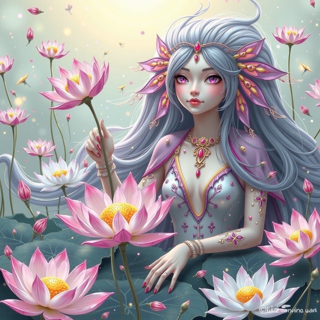 Serene Lotus Flower Creature in Watercolor Style