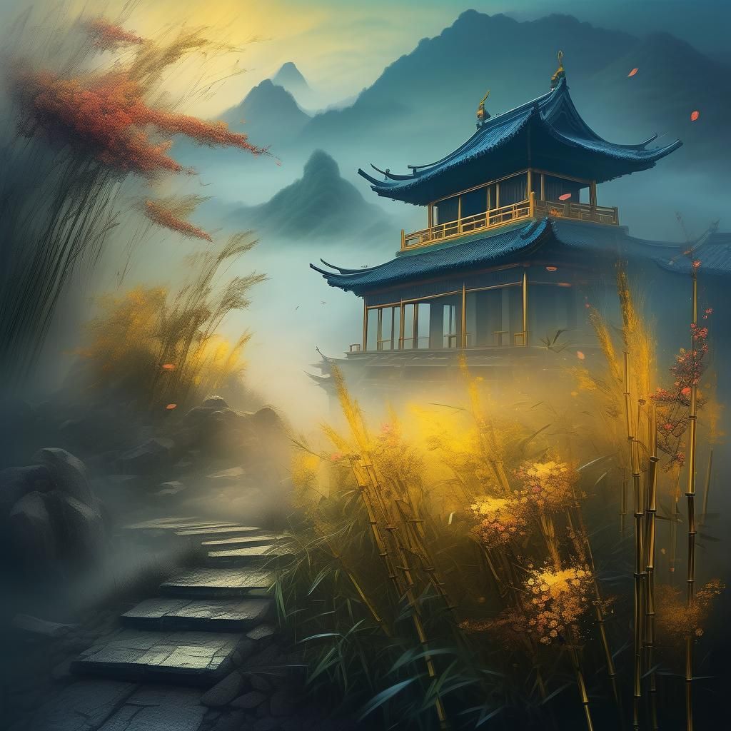 Surreal Golden Mist Landscape in Chinese Style