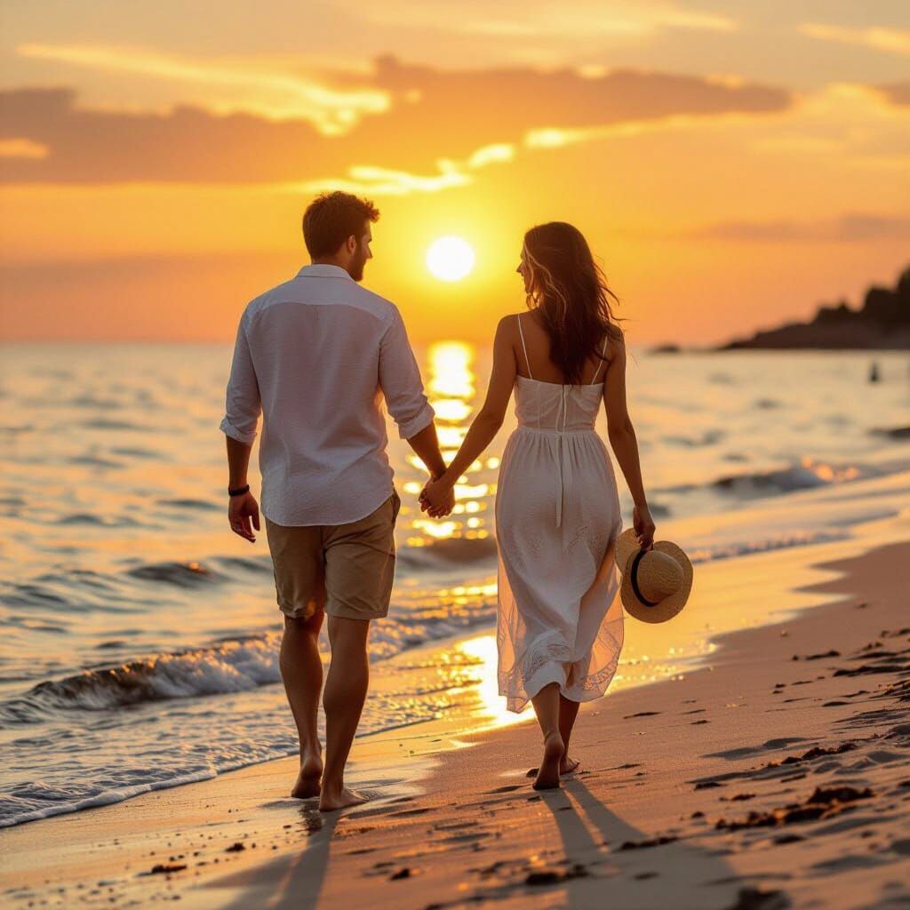 Romantic Beach Sunset in Impressionist Style