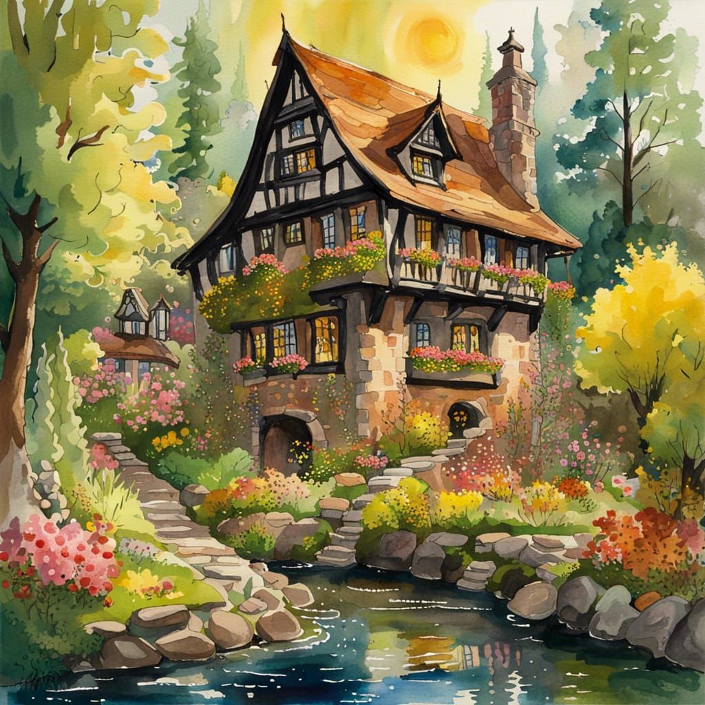 Gothic Fairytale Cottage in Springtime Forest, Watercolor