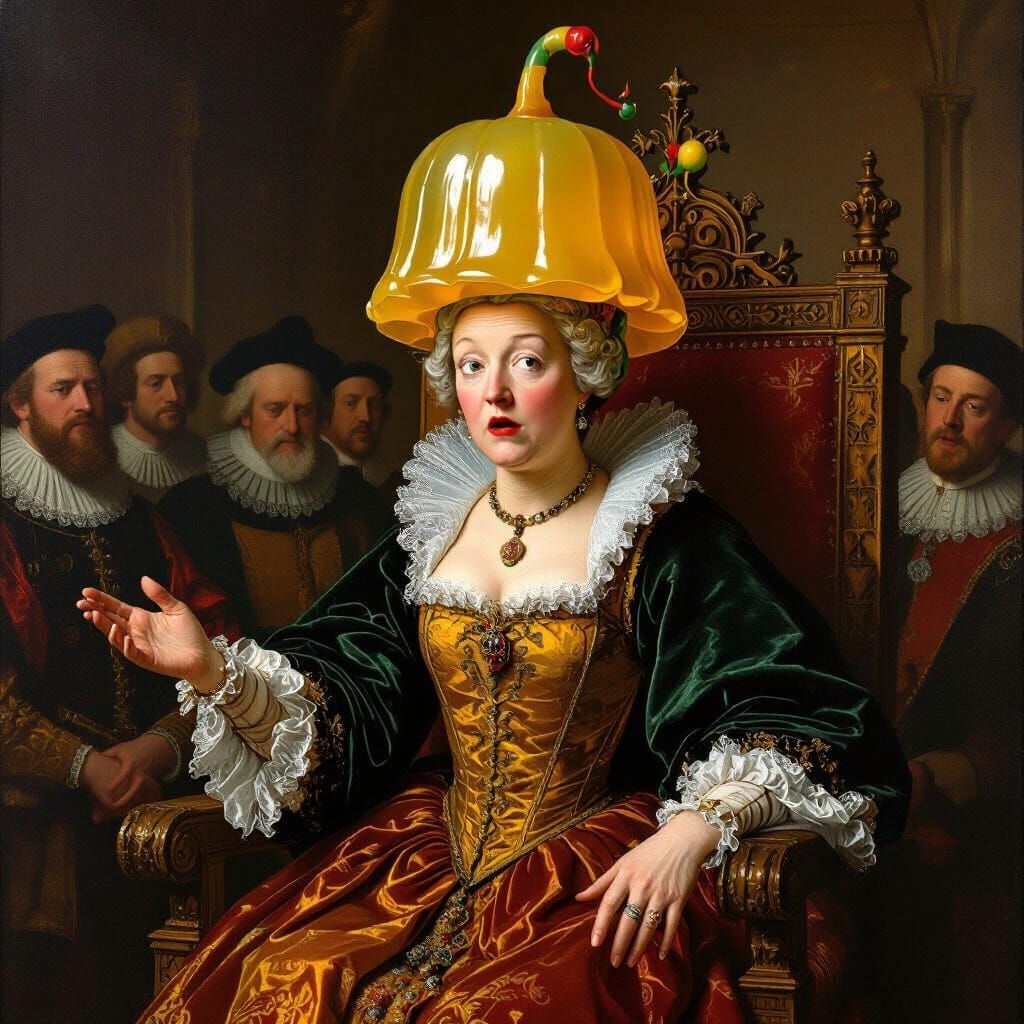 Queen's Jelly Crown Mishap in Renaissance Style