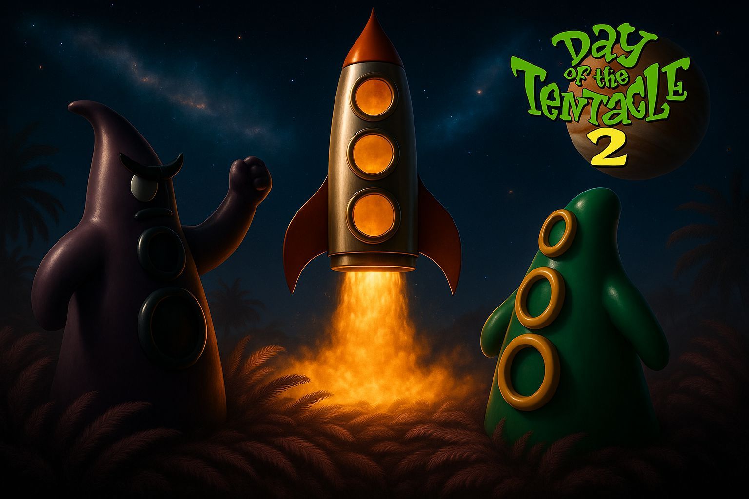 Retro Rocket Launch with Tentacle Aliens