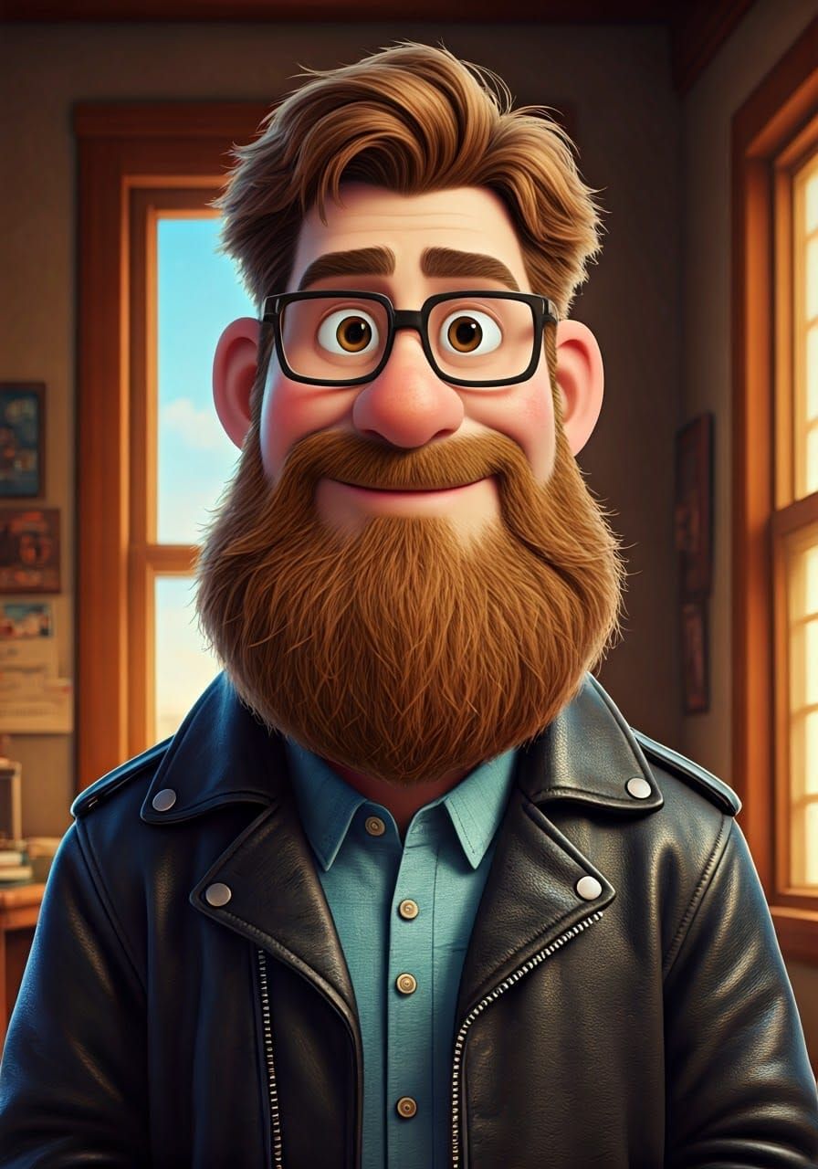 Pixar-Style Poster of Bearded Man in Leather Jacket