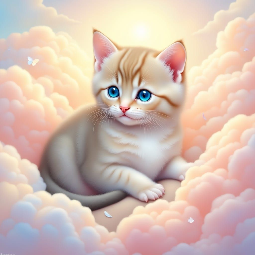 Fluffy Kitten in Clouds: Dreamy Digital Illustration