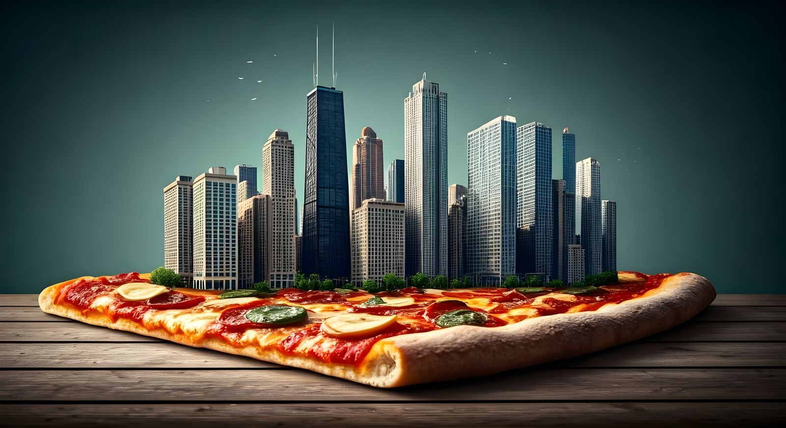 Miniature Chicago City Made of Pizza Toppings