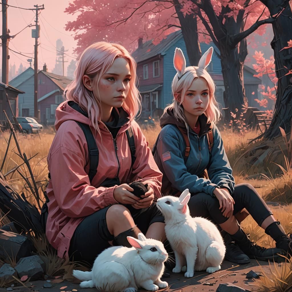 Girls with Cat and Rabbit in Fantasy Style