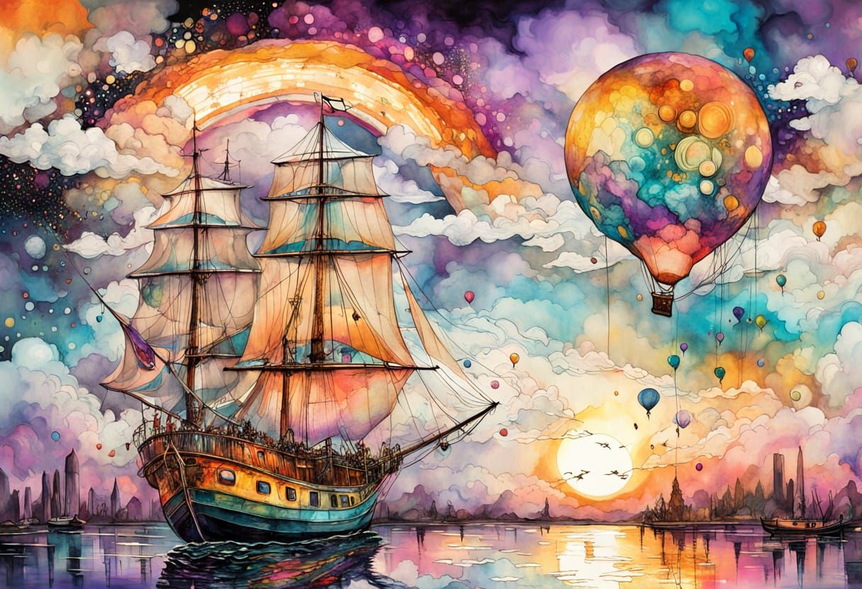 Neon Sunset Harbor with Sailboat, Abstract Digital Art