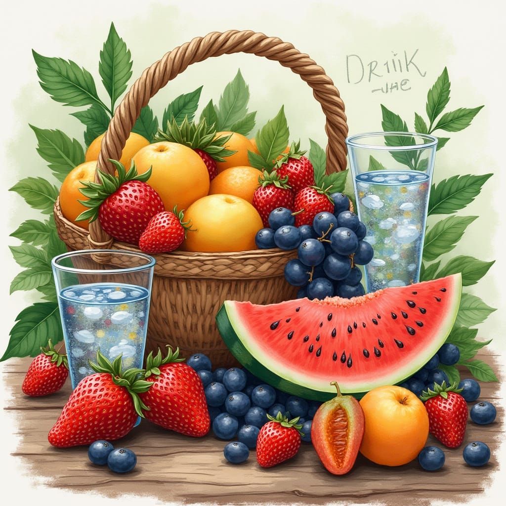 Vibrant Fruits and Water Still Life with Whimsical Touches