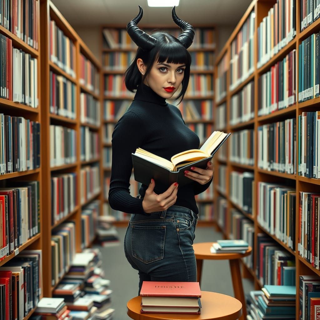 Woman with Maleficent Horns Reads in Library