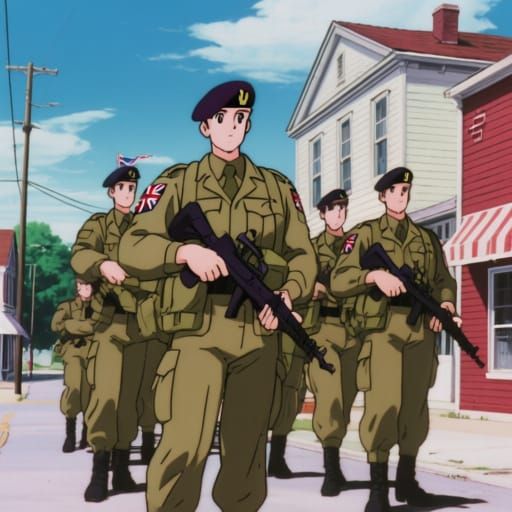 British Troops in 1980s Ohio Town Space Anime