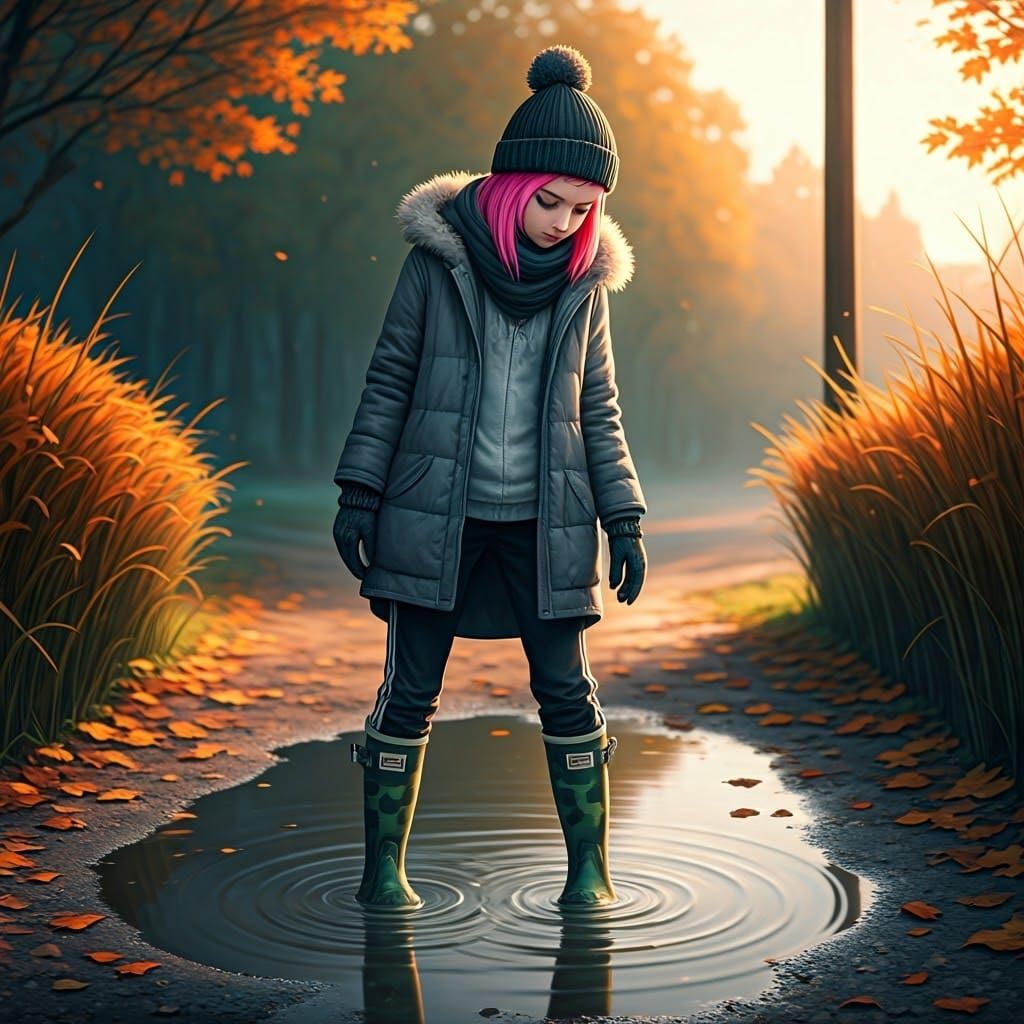 Girl Contemplates Reflection in Autumn Puddle