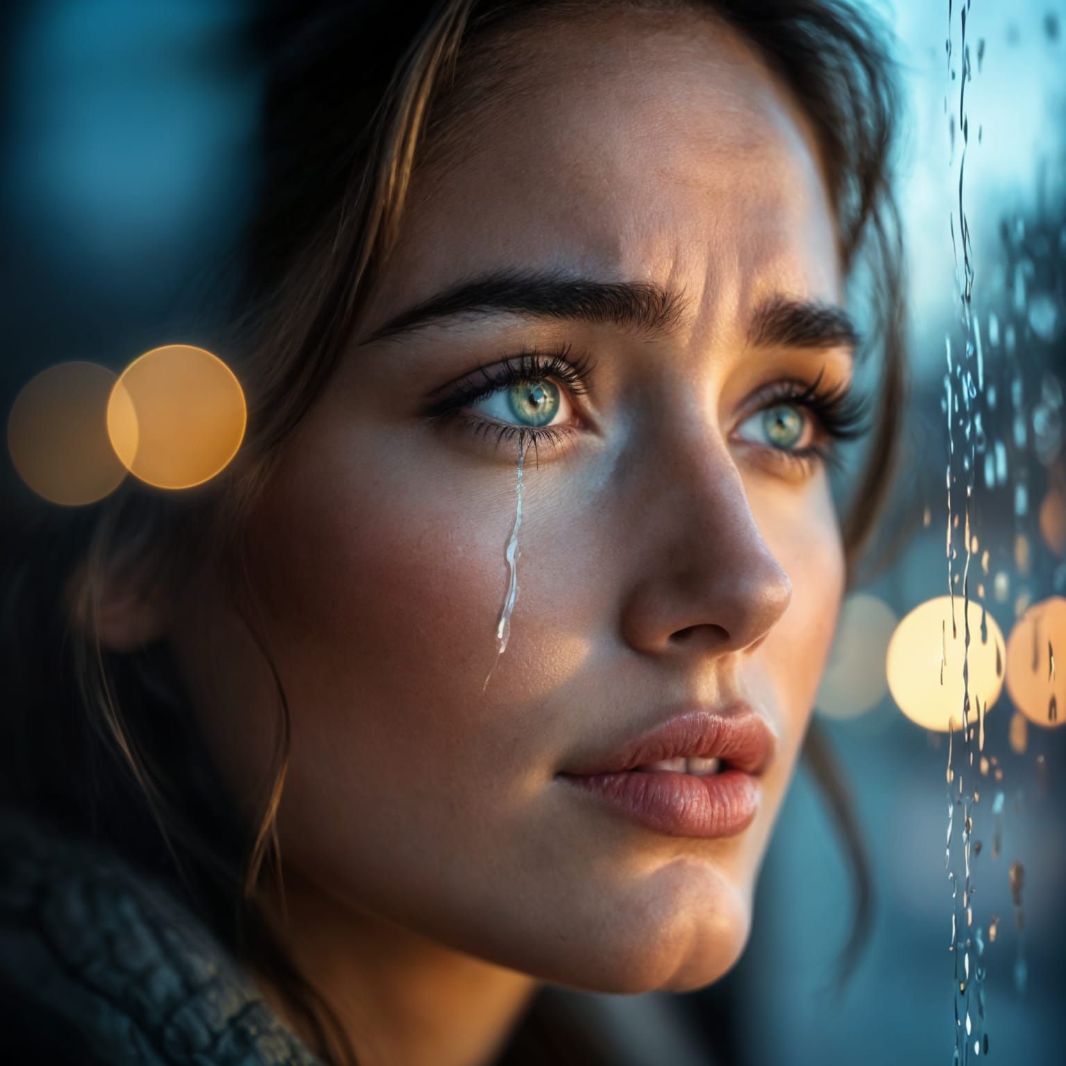 Emotional Portrait of Woman with Tear in Rembrandt Lighting