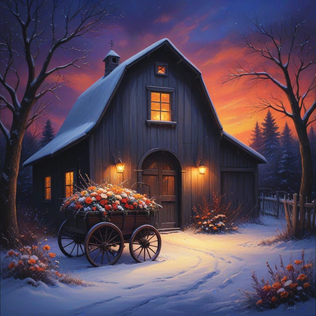 Serene Sunset Scene with Floral Buggy in Winter Wonderland