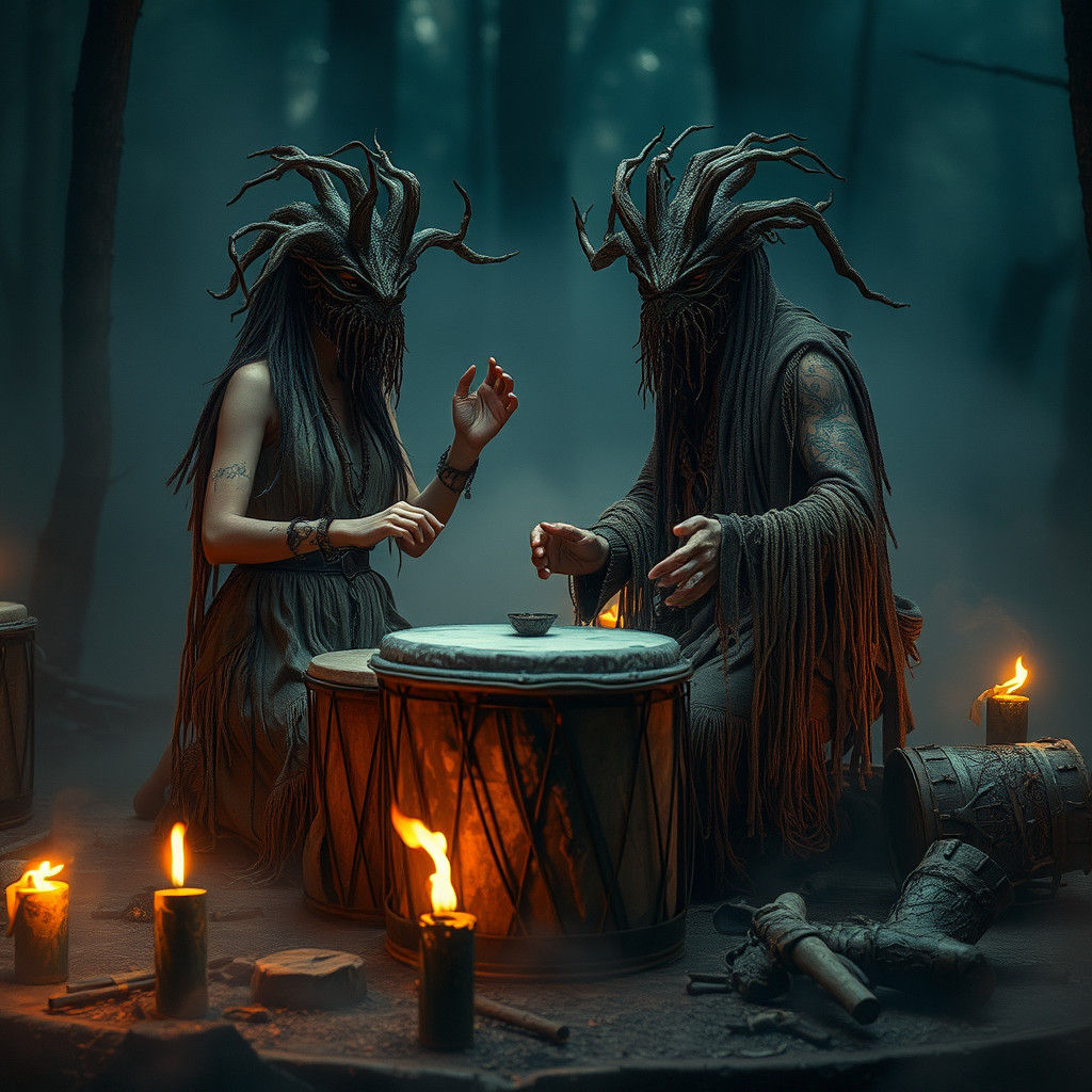 Ethereal Pagan Ritual with Masks in Folk Horror Style