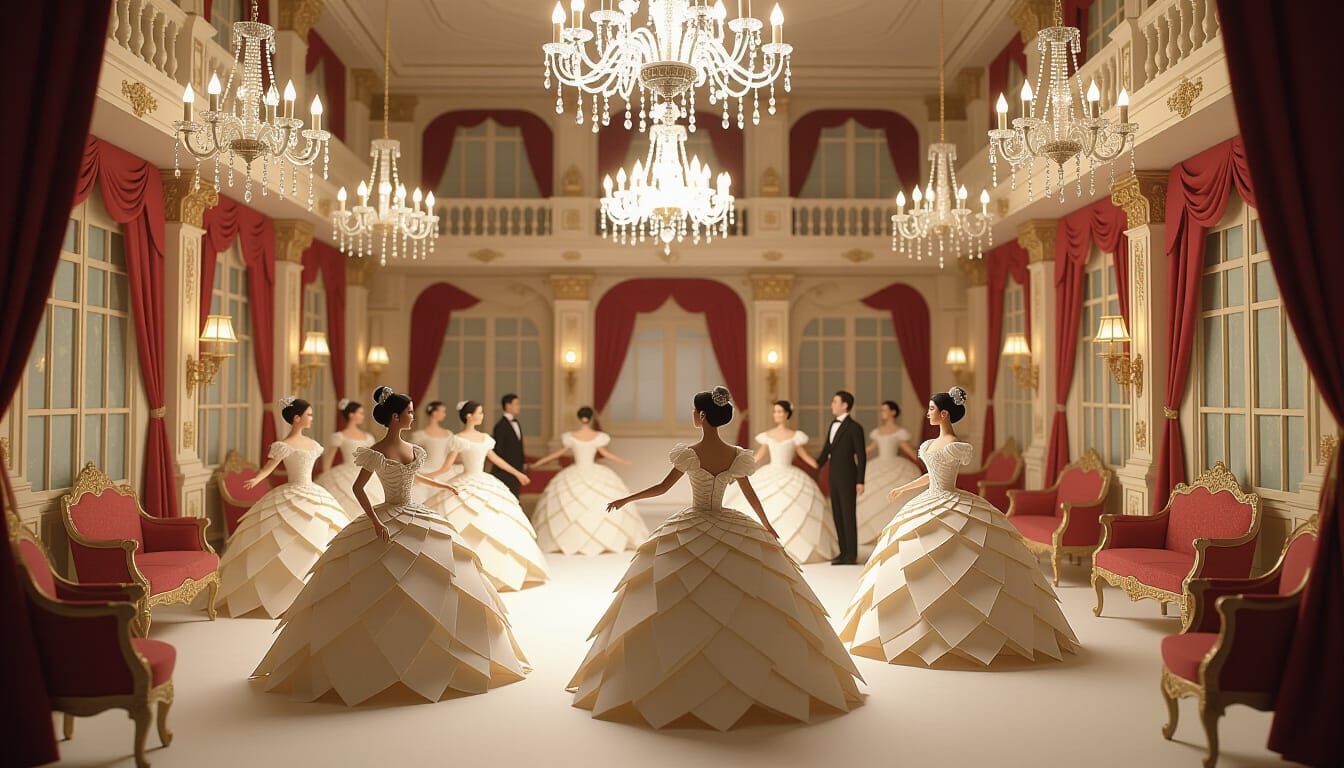 Victorian Papercraft Ballroom in Whimsical Diorama Style