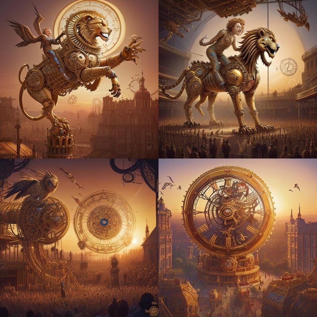 Steampunk Circus of Clockwork Animals at Sunset