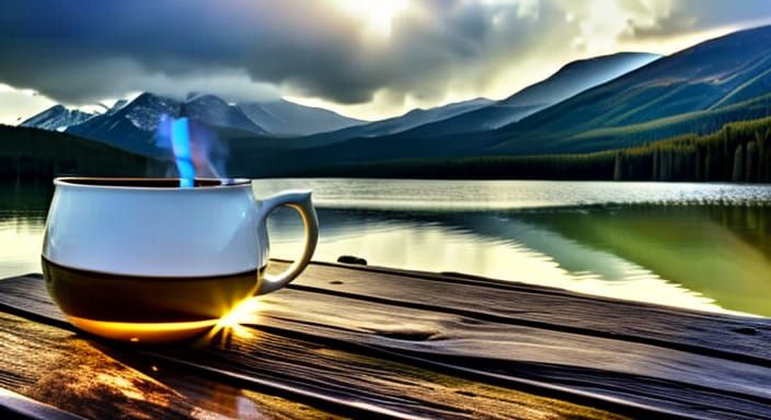 Steaming Coffee Cup at Sunrise: Hyperrealistic Veranda View