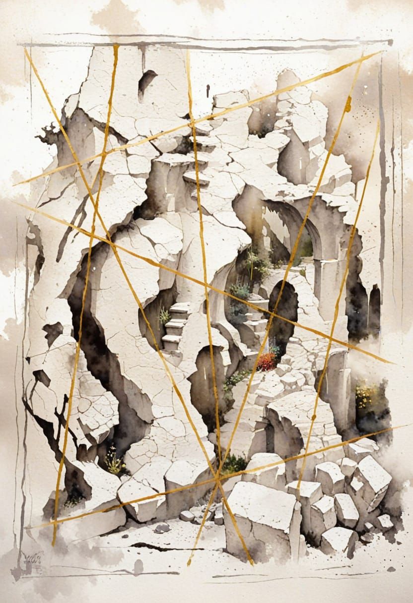 Ancient Ruins Shrouded in Ethereal Mist, Golden Accents Glow...