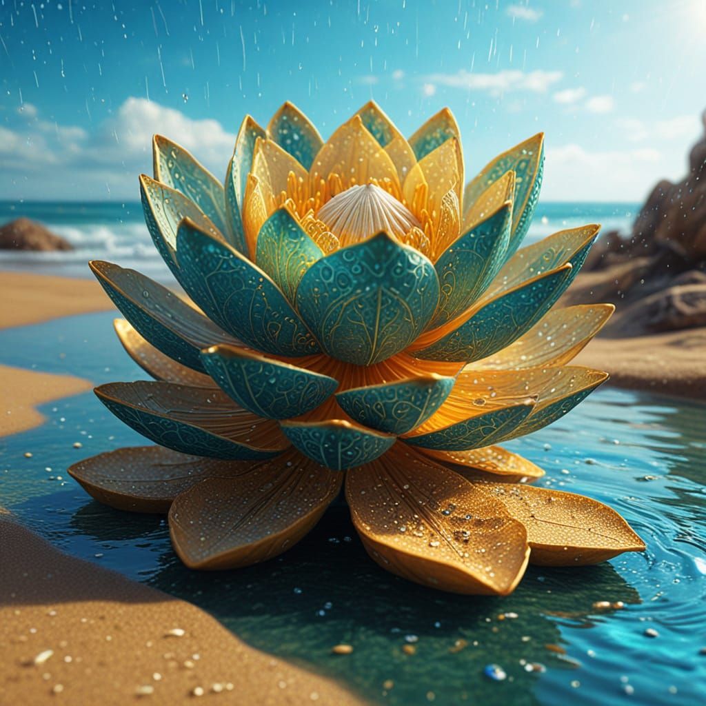 Golden Lotus Blooms on Sandy Beach with Heavenly Portal