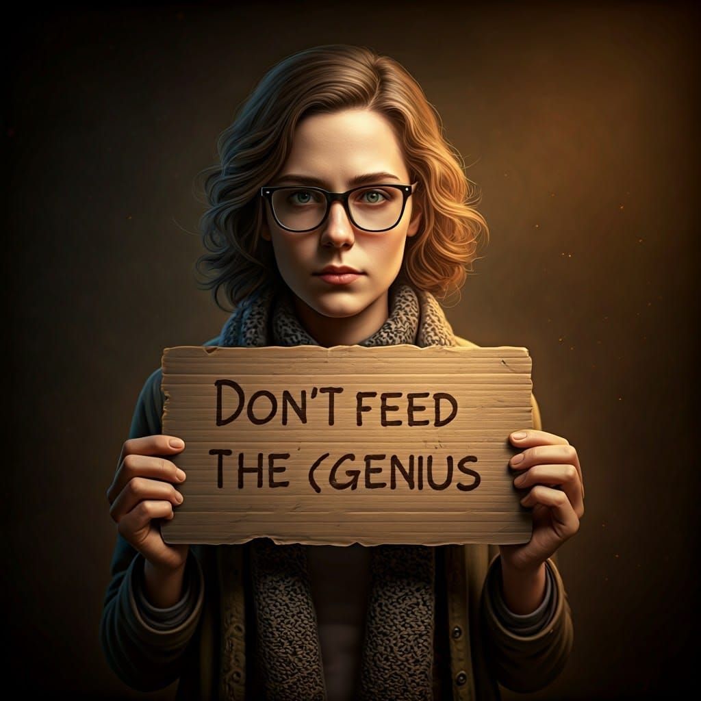 Bespectacled Genius with Sign in Hyperrealistic Detail