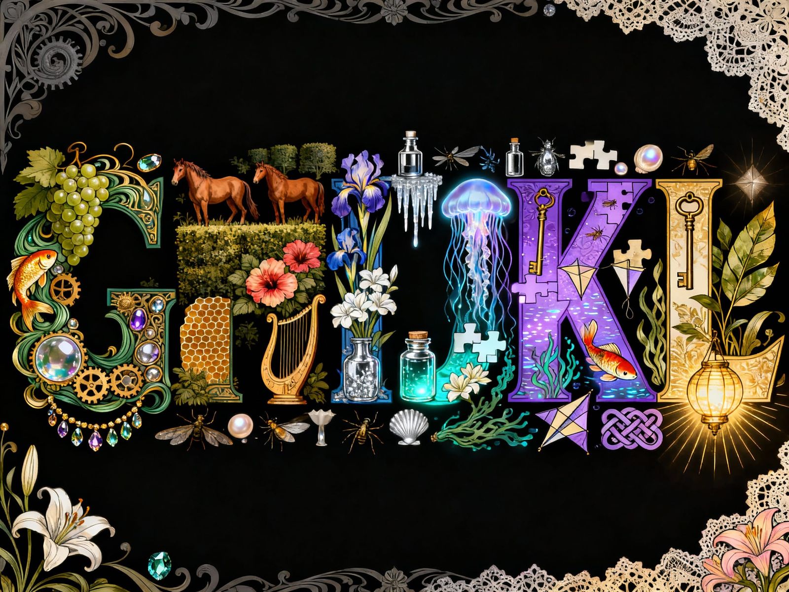 Ornate Art Nouveau Letters G-L Composition