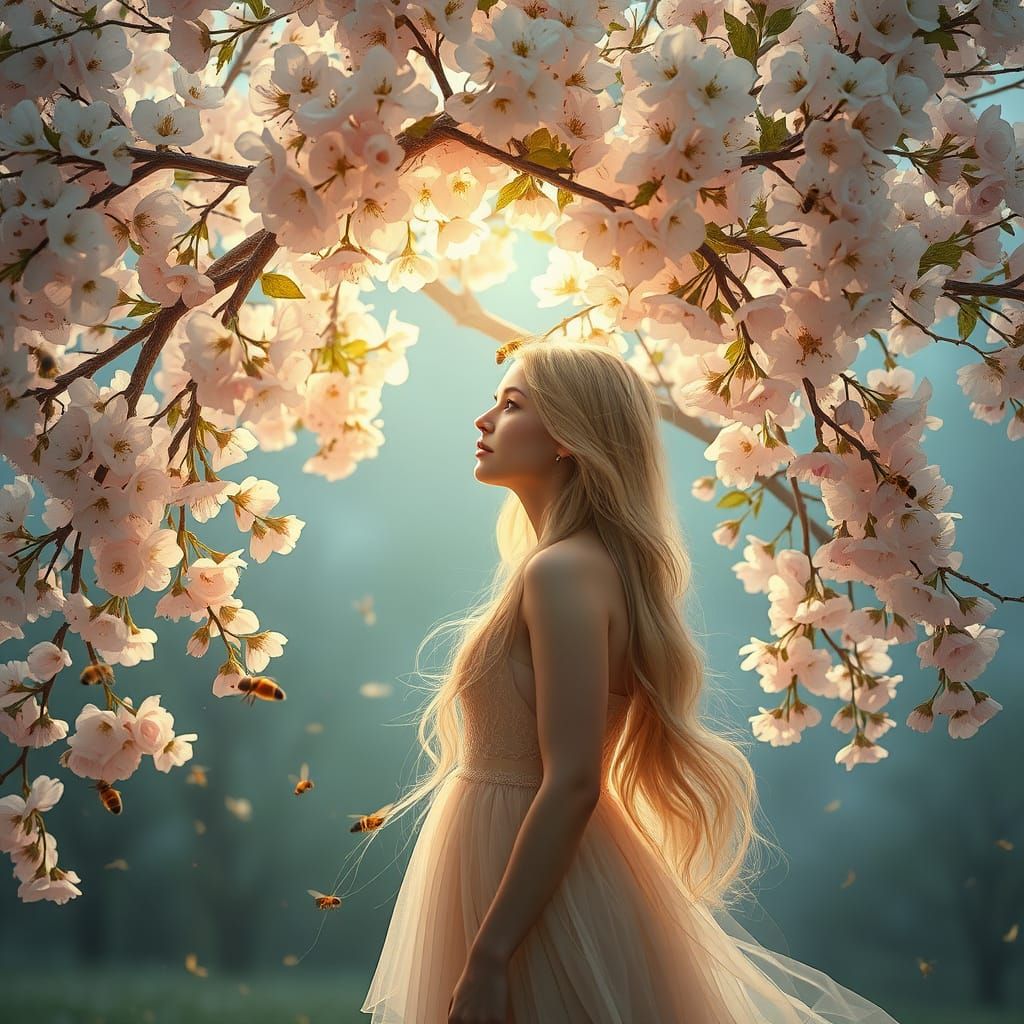 Ethereal Pre-Raphaelite Beauty Amidst Blossoming Apple Tree