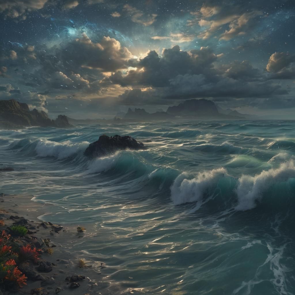 Primordial Earth with Bioluminescent Seas, Sci-Fi Art