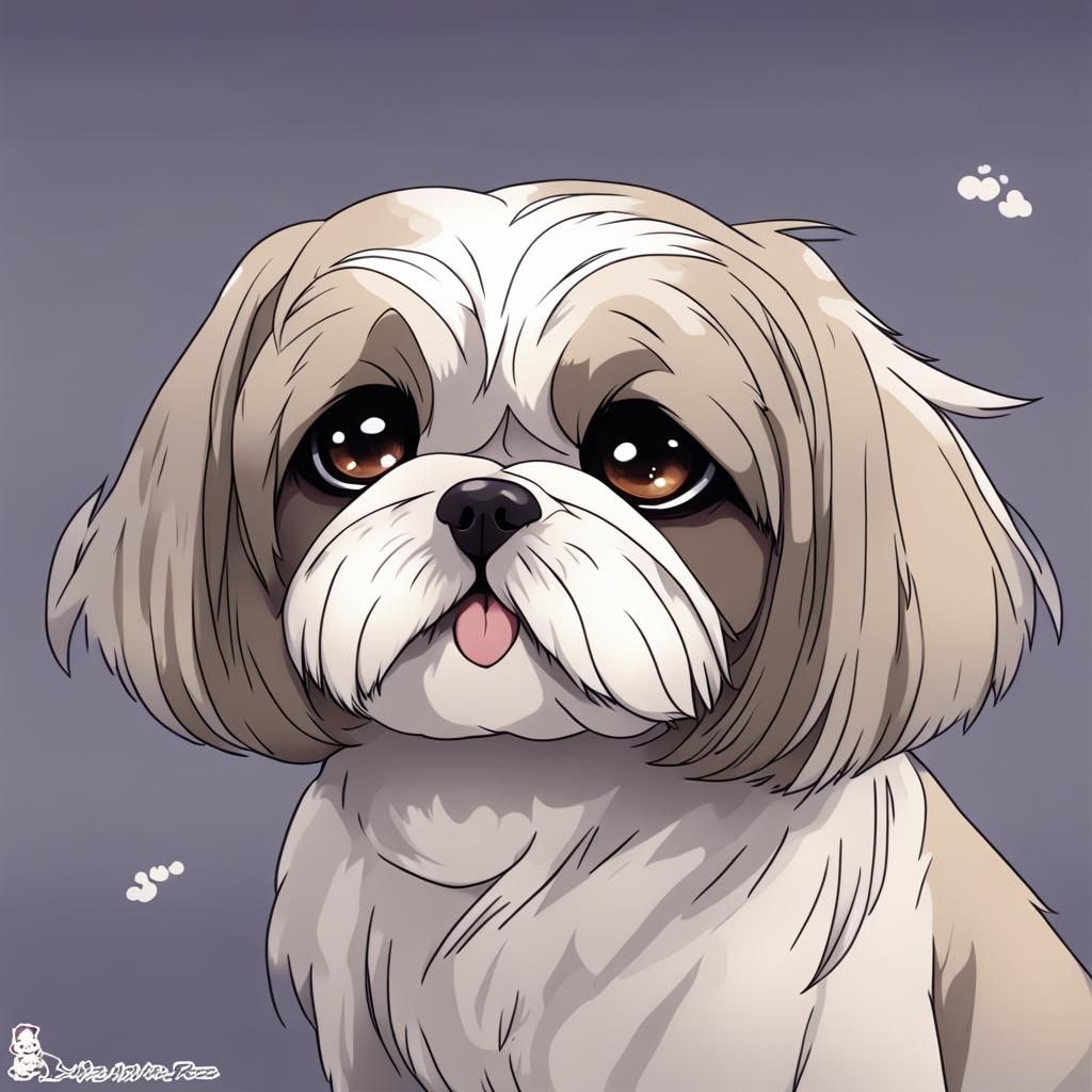 Sad Shih Tzu in Anime Key Visual Style
