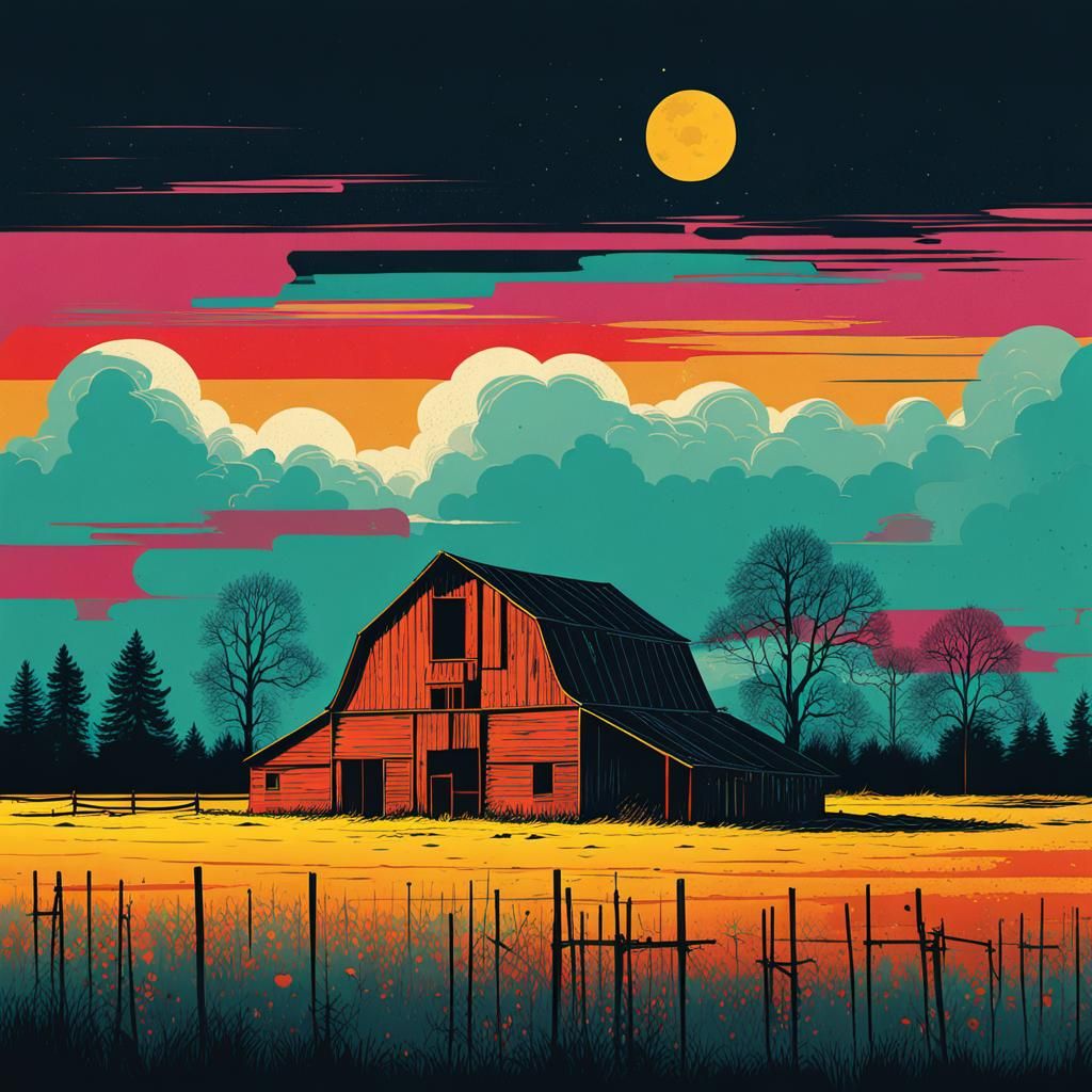 Abandoned Barn at Dusk in Pop Art Style