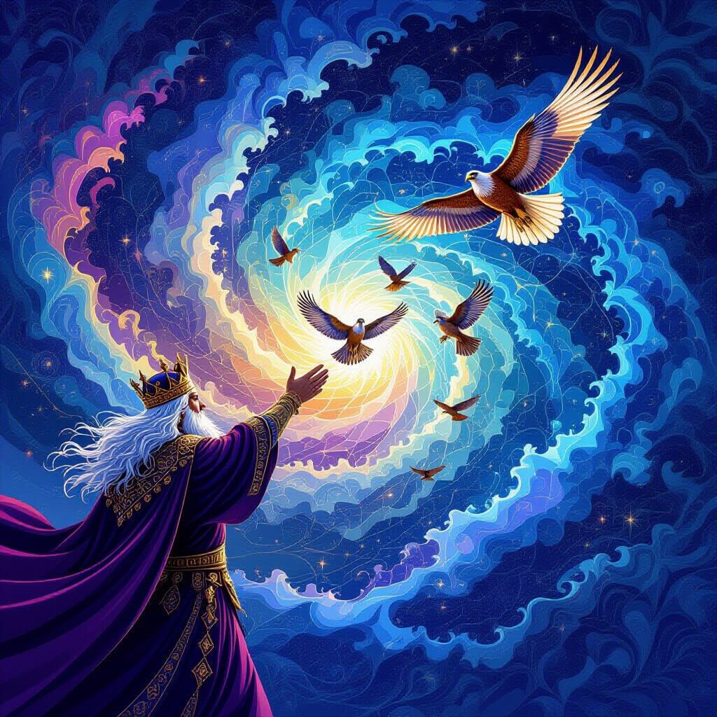 King Releases Hawks Into Swirling Fractal Sky
