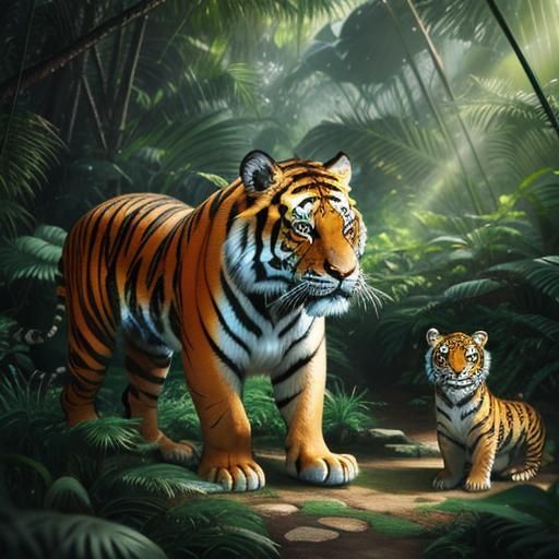 Tiger and Cub in Jungle: 3D Anime Art