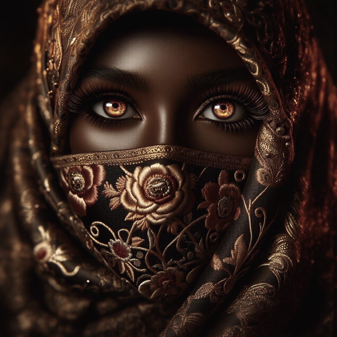 Dark-Skinned Woman with Amber Eyes and Ornate Headscarf