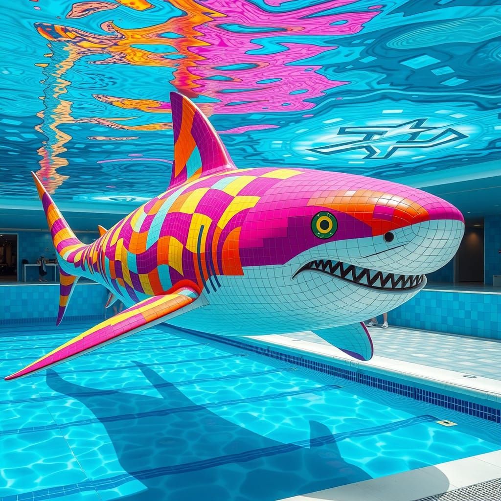 Mosaic Shark Swimming in Public Pool as Pop Art