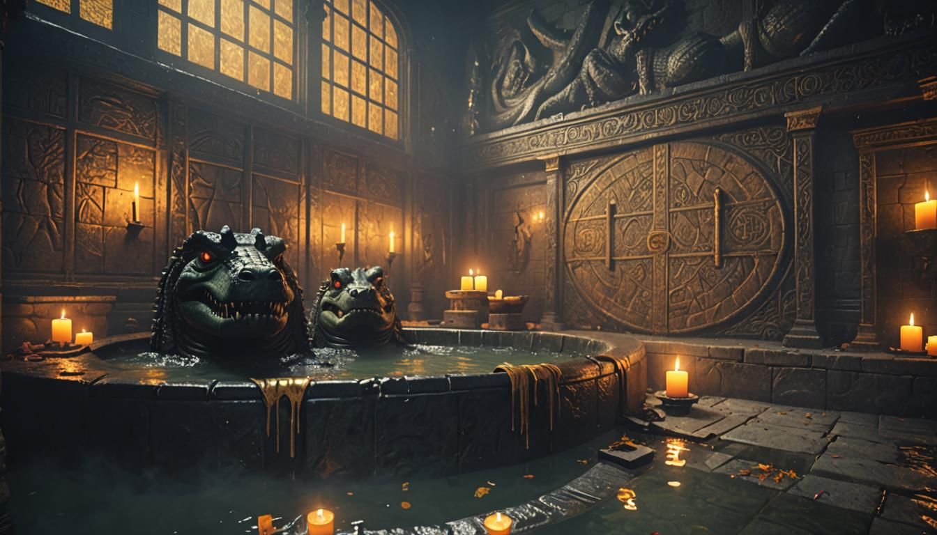 Mysterious Temple Bath with Demonic Crocodiles