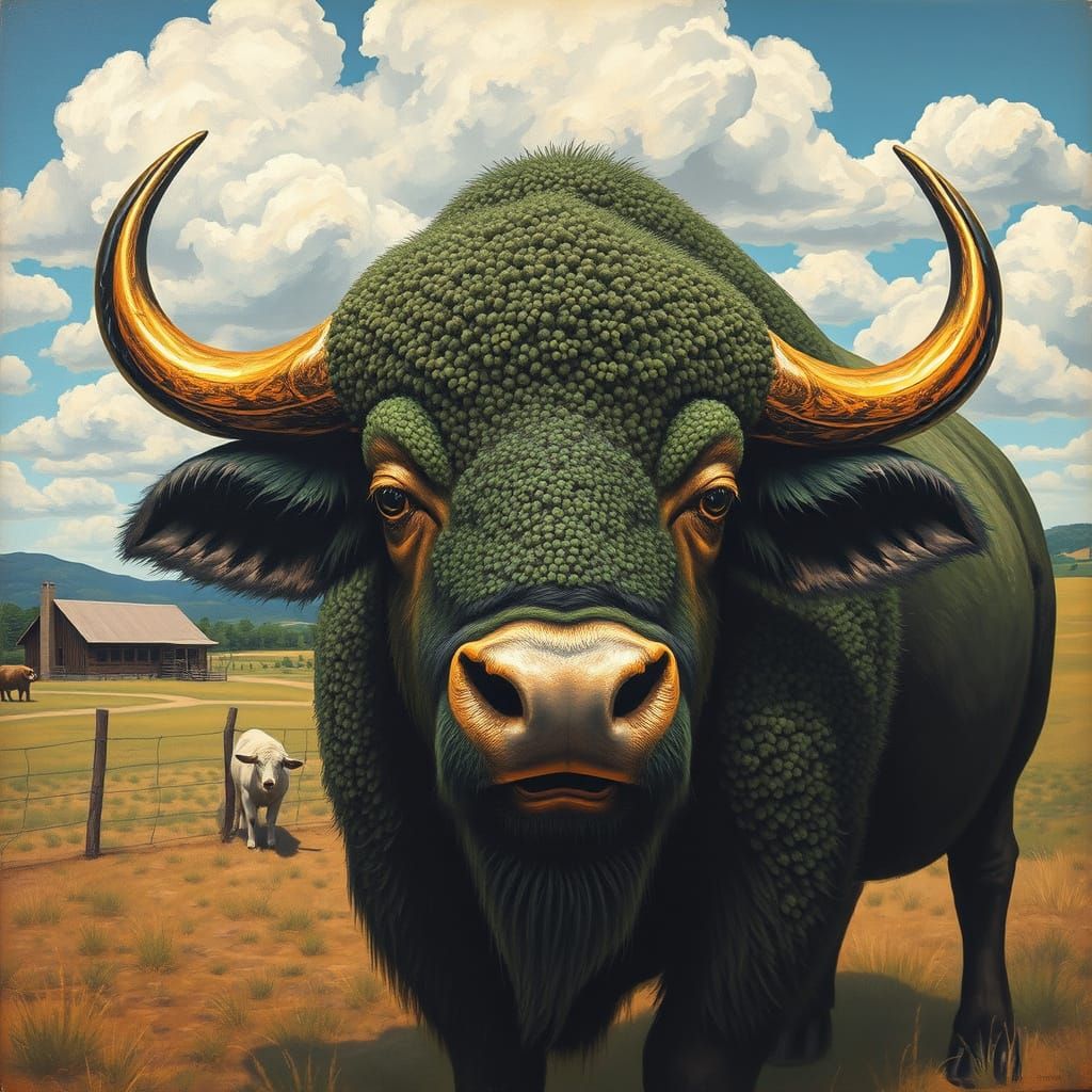 Bronze Buffalo With Broccoflower Texture in Surreal Ranch Sc...