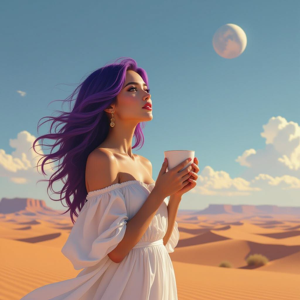 Woman with Purple Hair Gazes at Desert Sky